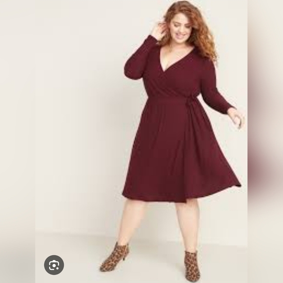 Old Navy Burgundy Wrap Dress Rib-Knit V-Neck Plus-Size Midi Wrap Dress Size 3X - Picture 3 of 13